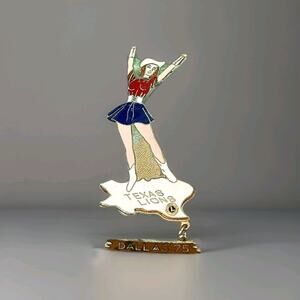 Lions Club Vtg 1975 Texas Lions Gold Dangle 3” Pinback Pin - Cowgirl -State Rare